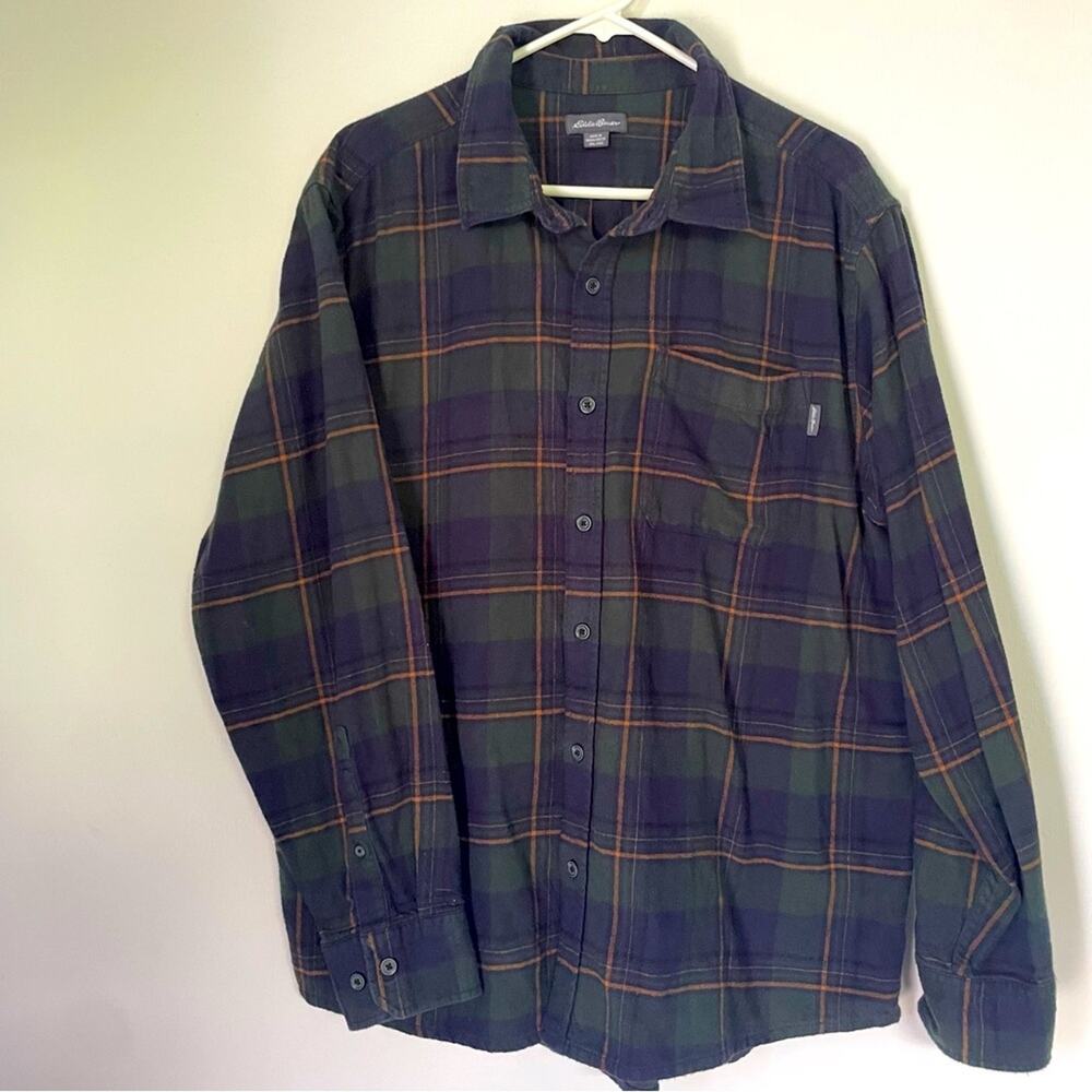 Eddie Bauer Flannel Shirt Men XXL Blue Green Gold Tartan‎ Plaid Hiking Outdoor